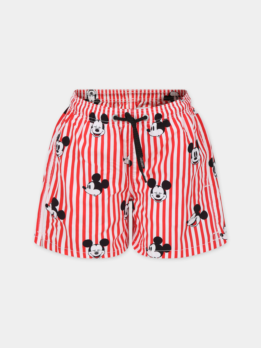 Red swim shorts for boy with Mickey Mouse print and logo